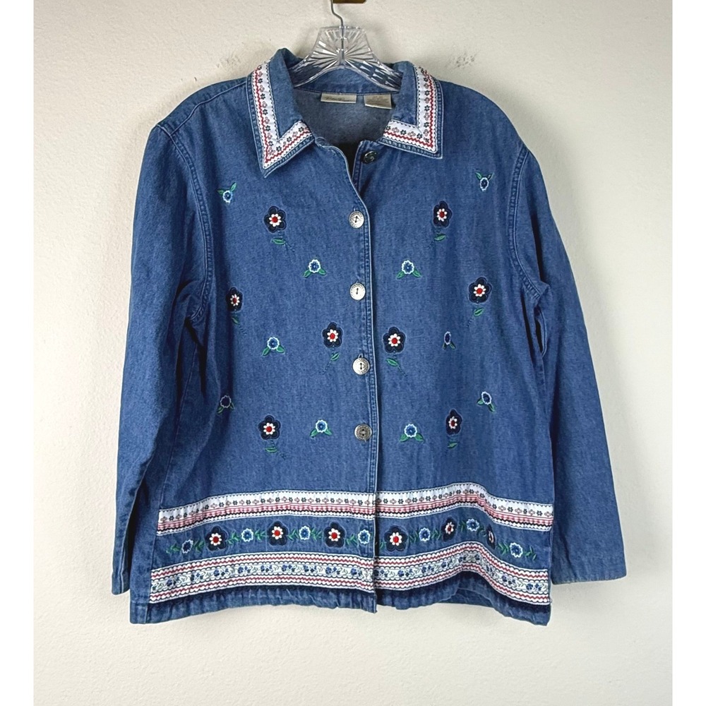 Bobbie Brooks Denim Jacket Women L Blue Floral Embroidered Button Front Cotton